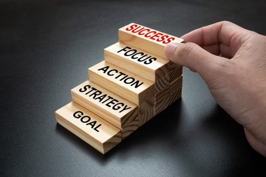 Erfolgstreppe mit den Worten Ziel, Strategie, Action, Fokus, Erfolg. Erfolgsstrategie: Blogbeiträge erstellen lassen!