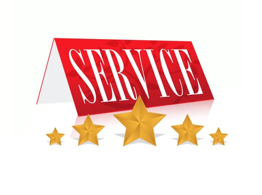 Karte mit Aufschrift „Service“ und fünf Sternen: Texter mit vielen Textarten und Leistungen im Angebot sowie Content-Manager finden Sie hier!
